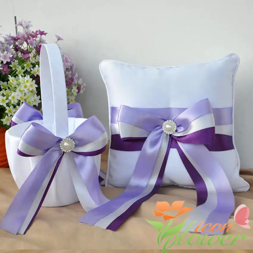 Wedding Satin Bowknot Flower Basket Ring Pillow Guest Book and Pen Set Decor 