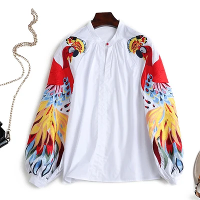 Red RoosaRosee, новинка, модная дизайнерская Весенняя летняя ретро блузка с рукавами-фонариками и вышивкой, элегантная женская хлопковая блузка, белая рубашка - Цвет: Белый