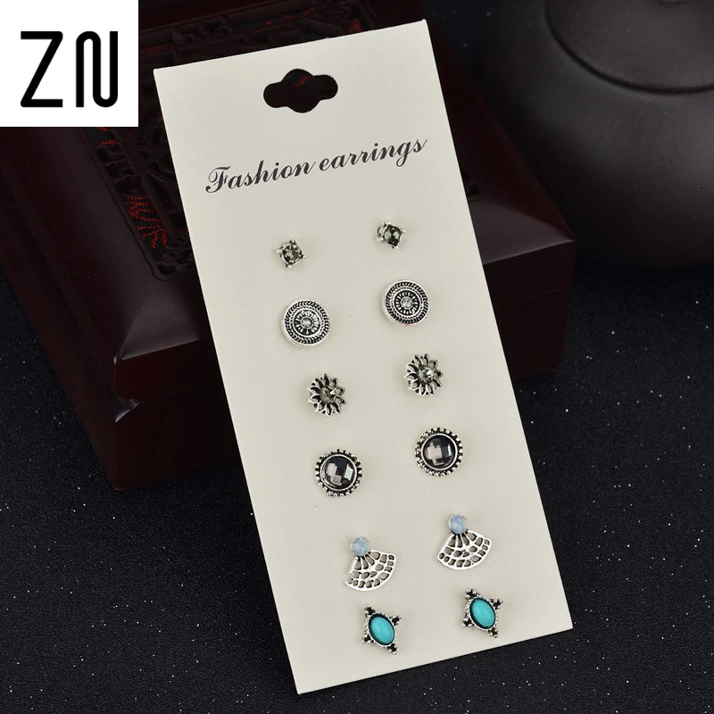 

Hot-selling Cute Earring Sets Super Value 6 Pairs Set Round Square Ball Alloy Crystal Stud Earrings For Women Best Friend Gifts