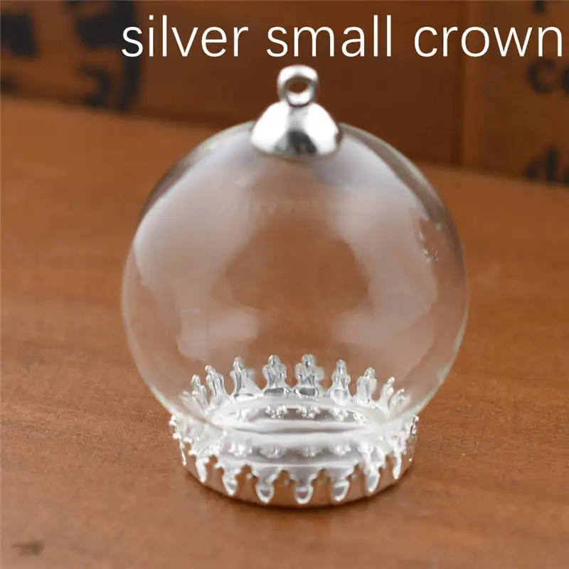 10set 30*20mm hollow glass globe with setting base beads cap set orb glass vials pendant glass bottle jewelry pendant - Окраска металла: silver small crown