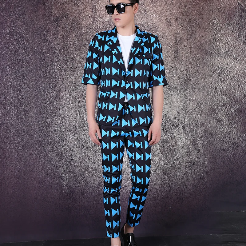

Suits Men 2019 Personality Print Pattern Suit Set Half Sleeve Tide Mens Blue Prom Suit Tuxedo Men Slim Suit 2 Piece / S-5XL