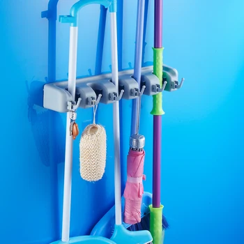 

Living room 6 hooks with 5 position mop and broom rack, Kitchen Plastic mop rack, Wall mounted mop rack holders