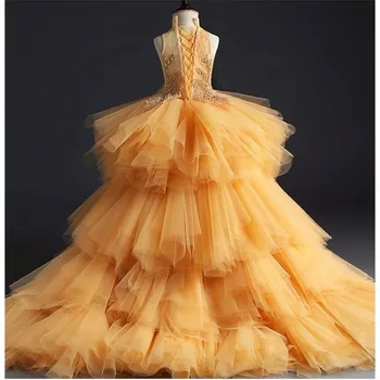 

2019 New Catwalk Evening Dresses Sleeveless Princess Dress Orange Children's Wedding Flower Girls Piano Performance Costume D30