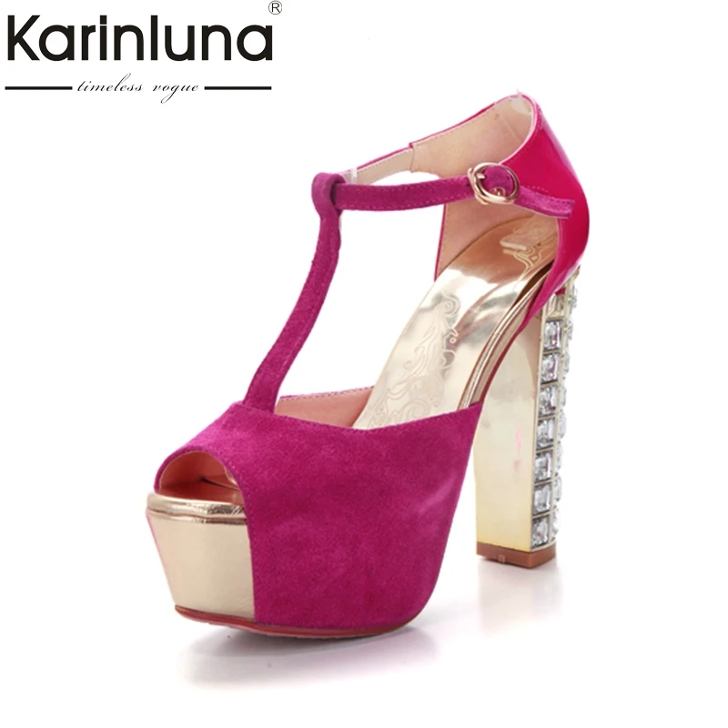 

Karinluna 2018 Summer Natural Kid Suede Big Size 31-43 Platform Women Party T-strap Sandals High Heels Crystal Shoes Woman