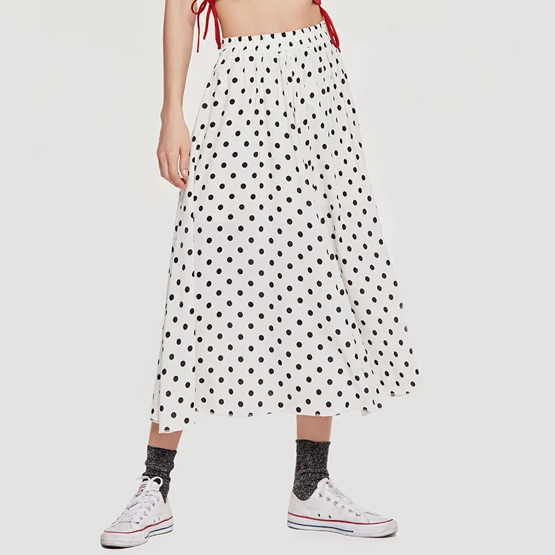 

AcFirst Black Red White Summer Women Skirt High Waist A-Line Mid-Calf Long Skirt Sexy Casual Chiffon Dots Plus Size XXL