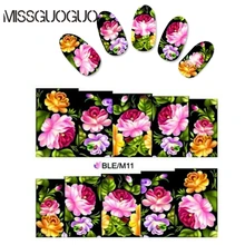 BLEM11-14 Eau décalque couverture complète Ongles Autocollants Lumineux coloré motif de fleurs fond noir autocollant à ongles Pour ongles autocollants enveloppes(China)