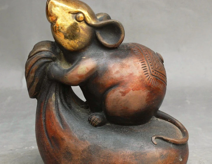 

5" Folk China Old FengShui Bronze Gilt Wealth Bats Mouse Ride Money Bag Statue