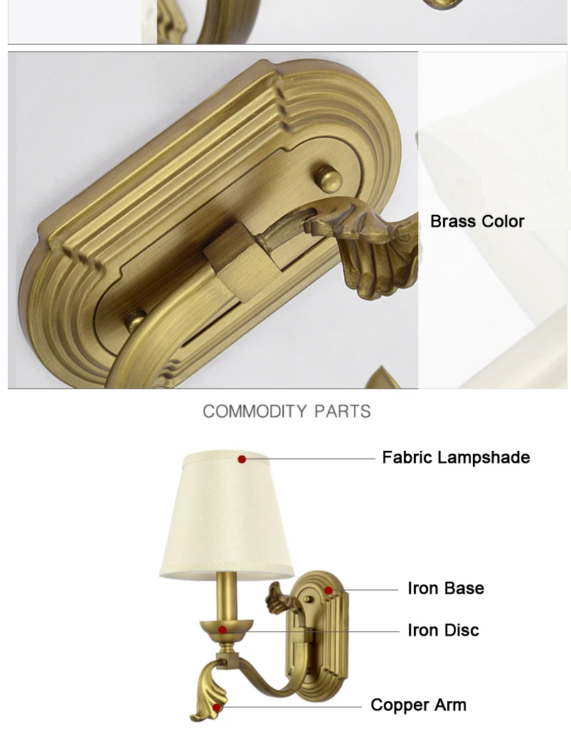 Американская винтажная латунная железная лампа E14, настенный светильник, домашний декор, прикроватный тканевый настенный светильник с абажуром