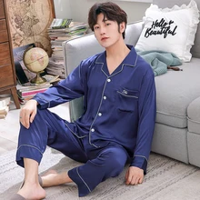 Высокое качество для мужчин пижамы 2 шт. рубашки для мальчиков брюки девочек костюм Мужская пижама комплект Homme из искусственного шелка и сатина