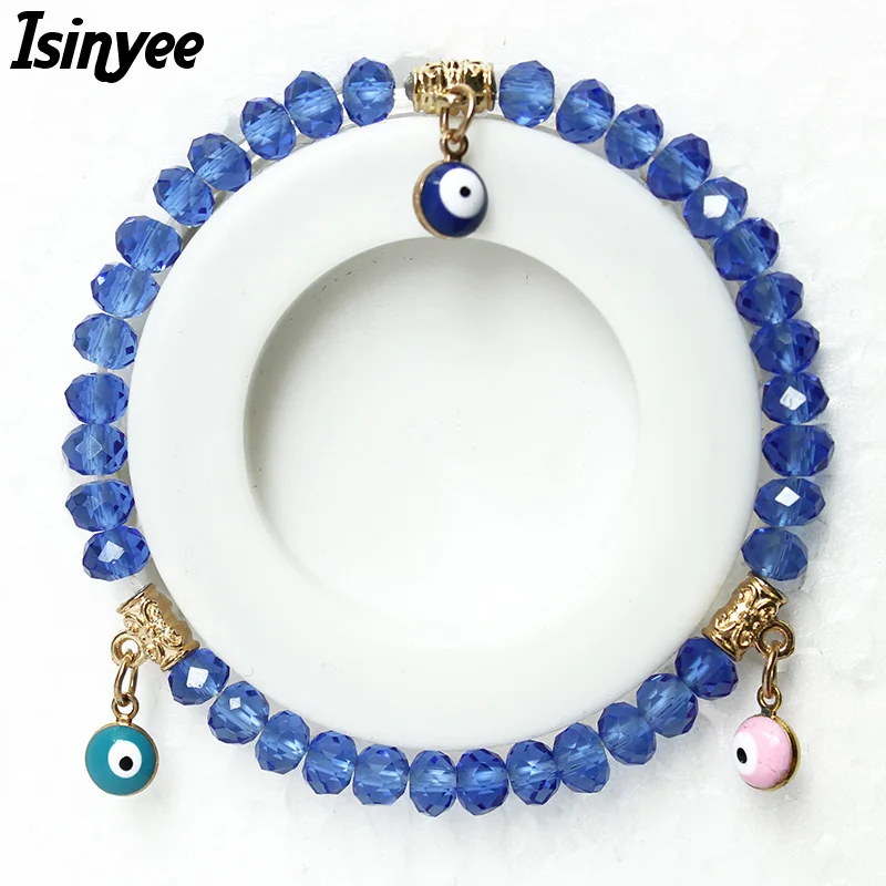 

ISINYEE Fashion Blue Pink Green Evil Eye Charm Bracelet Adjustable Glass Crystal Beads Bracelets For Women Lucky Summer Jewelry