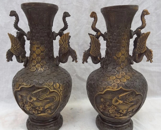 

JP S0608 10" China Bronze Coin Fly Dragon Phoenix Crane Statue Flower Twin Vase Pot Pair (B0413)