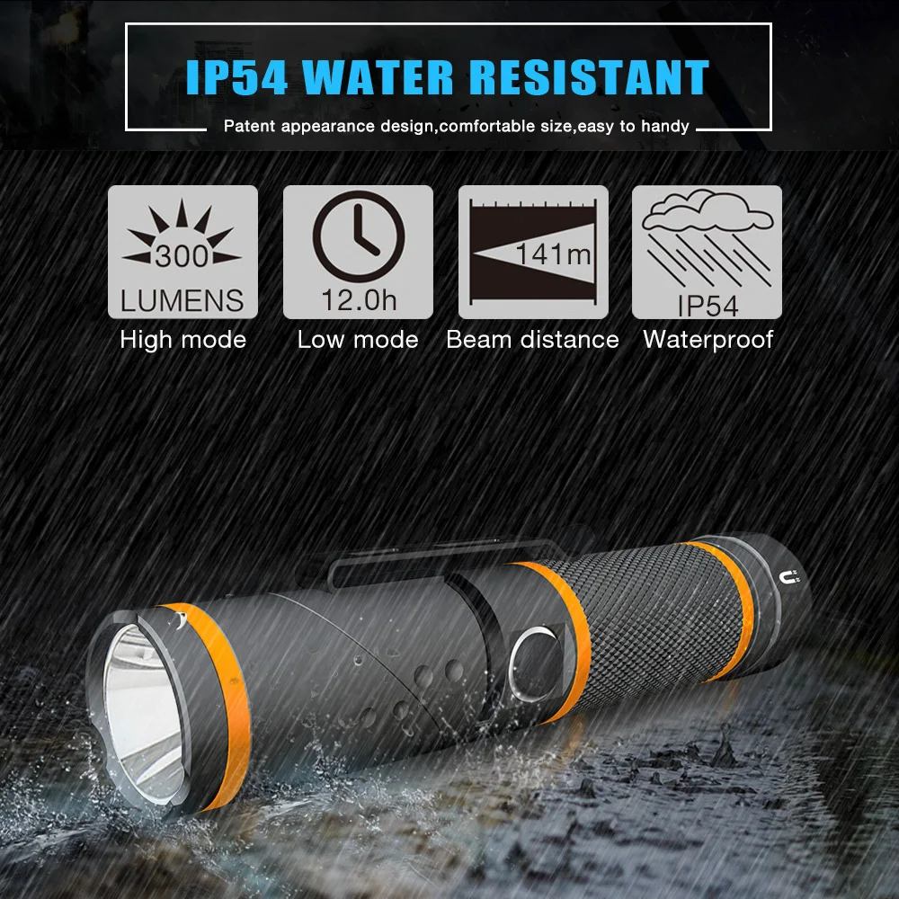 NICRON 90 Degrees Twist LED Flashlight Handfree Waterproof IP54 300 Lumens 5000CD Magnet LED Torch Light For Maintenance etc N72