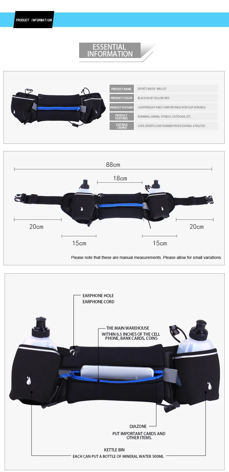 Tfshining Running Phone Bags for 4-6 Waist Pack Outdoor Sport Hiking Racing Gym Fitness Lightweight Hydration Belt Water Bottle (2)