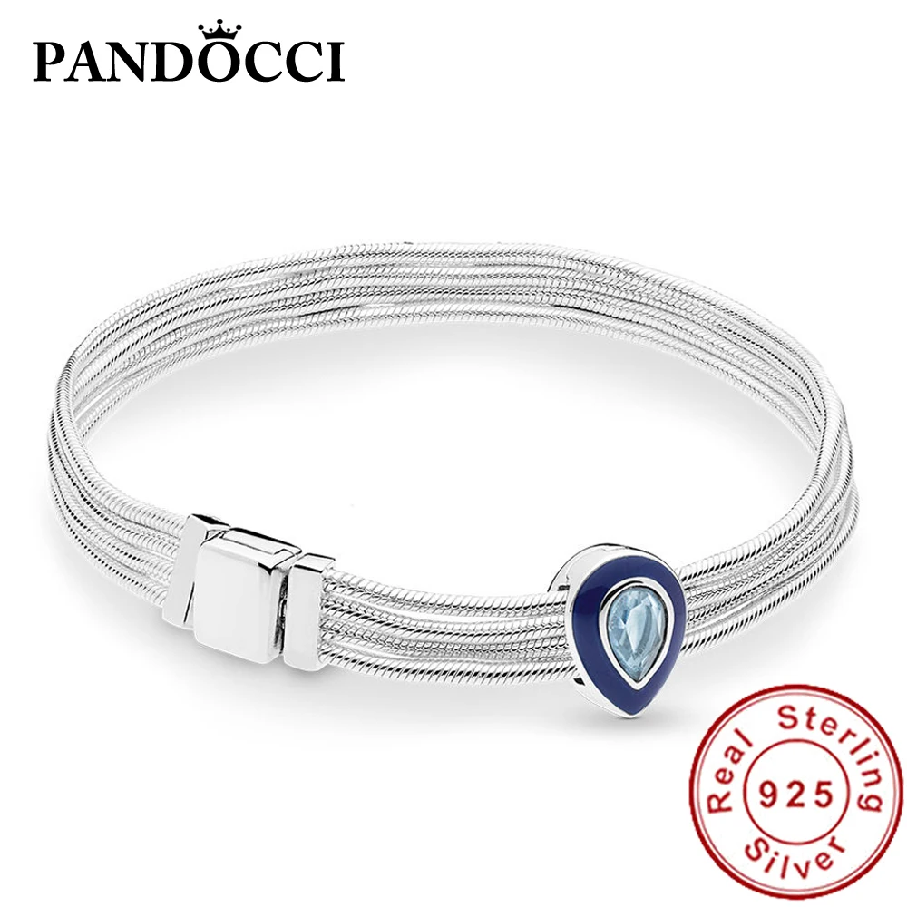 

PANDOCCI 100% 925 Sterling Silver RAU0582 REFLEXIONS DAZZLING BLUE DROPLET BRACELET SET Spring Vintage Jewelry Factory Wholesale
