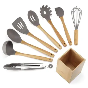 

Silicone Kitchen Utensils Set 9 Piece Cooking Tools with Bamboo Wood Handles for Nonstick Cookware Kitchenware Cooking Gadgets