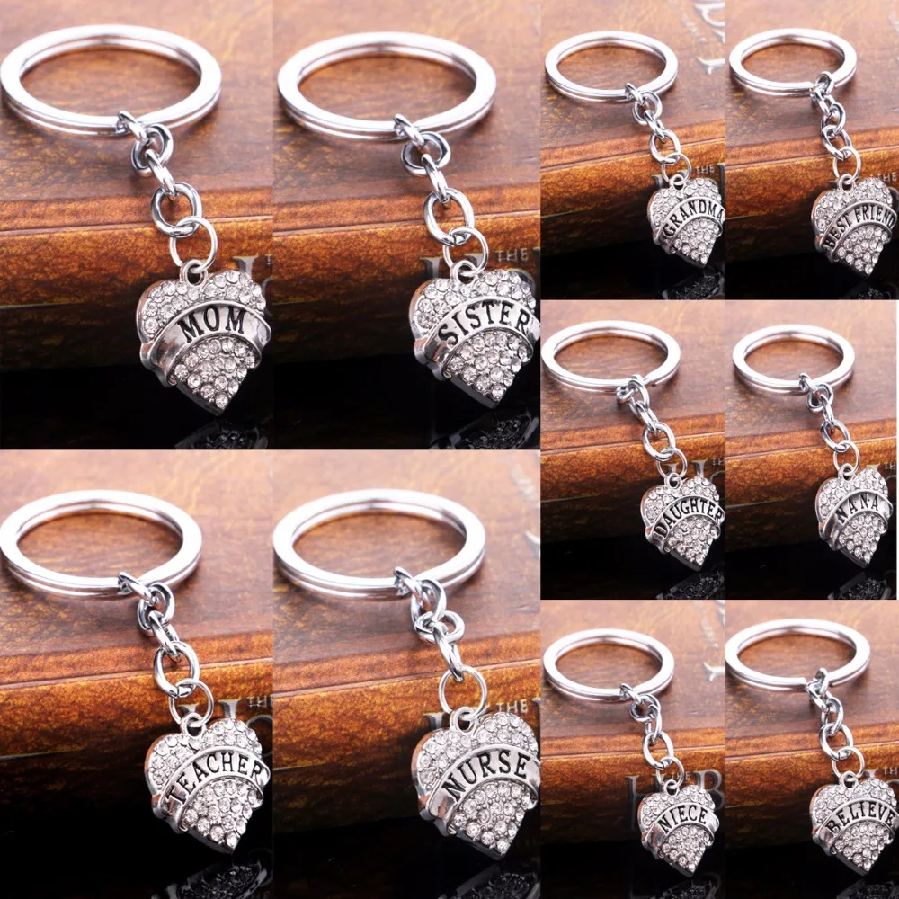 

Clear Crystal Heart Pendant Keychain Mom Daughter Teacher Nurse Key Chain Grandma Family Keyring Key Holder Women Bags Keyfob