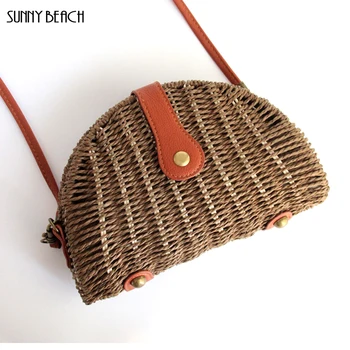 

SUNNY BEACH Women Handmade Half Round Bags Mini Phone Bag Bali Bohemian Beach Handbags Knitting Straw Bag