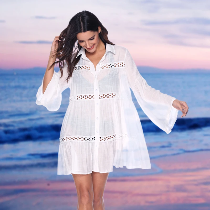 

Sexy Lace Bathing Suit Bikini Swimsuit Cover Up White Long Sleeves Summer Dress Beach Swim Beachwear Solid Coverups for Women