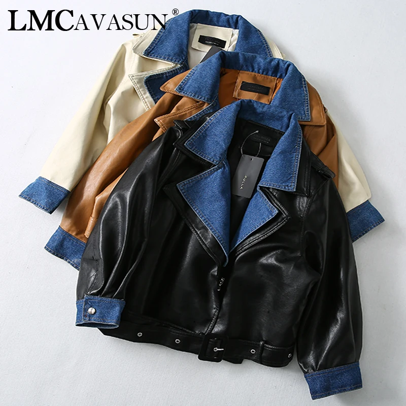 Finest  LMCAVASUN 2019 New Spring Lapel Long Sleeve Black Pu Leather Bandage Denim Stitch Loose Jacket Wome