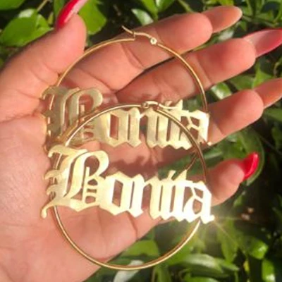 Cena 70 MM duże kolczyki koła dla kobiet spersonalizowana nazwa biżuteria na zamówienie ze stali nierdzewnej różowe złoto kolczyki biżuteria 2018 Brinco