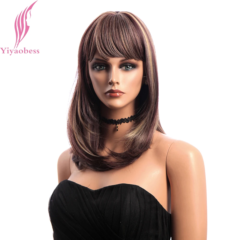 

Yiyaobess 18inch Medium Long Wig With Bangs Mix Brown Synthetic Hair Highlights Straight African American Wigs For Women