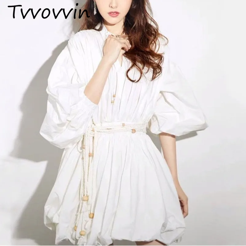 

100% Cotton Dress 2019 Summer Women Elegant White V-neck Lantern Sleeve Mini Dress With Belt High Quality Runway Designer V693