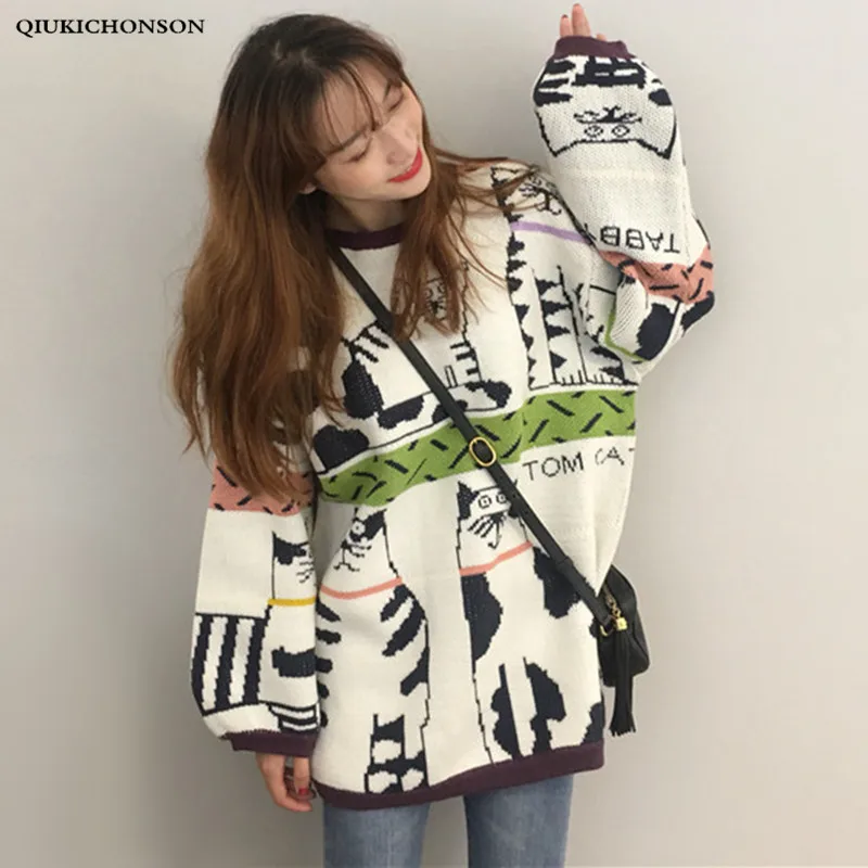 Super Cute Kawaii Cartoon Cat Sweater Women Autumn Winter Loose Long Pullovers Knitted Plus Size Knitwear Jumpers Ladies | Женская
