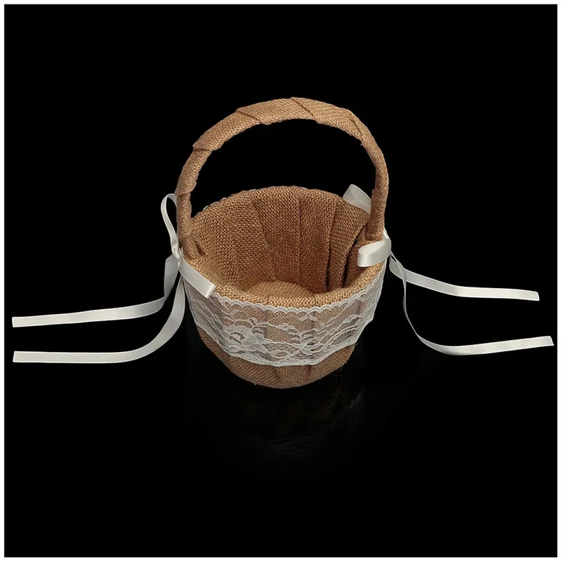 

Hot Sale Vintage Rustic Wedding Ceremony Hessian Burlap And Lace Flower Girl Basket