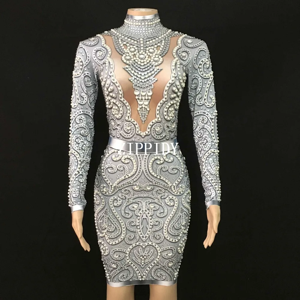 

Shining Gray Pearls Rhinestones Dress long Sleeves Stretch Sexy Dresses Stage Birthday Party Celebrate Nightclub outfit