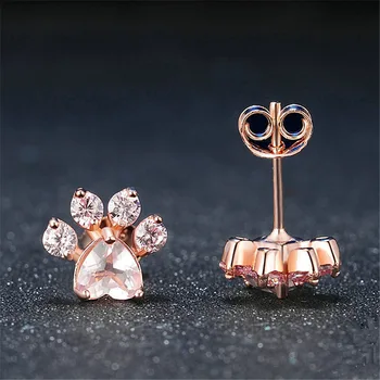 

NEW Shiny Pink Stud Earrings CZ Bear Jewelry Dog Paw Print Earring Female Piercing Rose Gold Small Animal Earrings for Women
