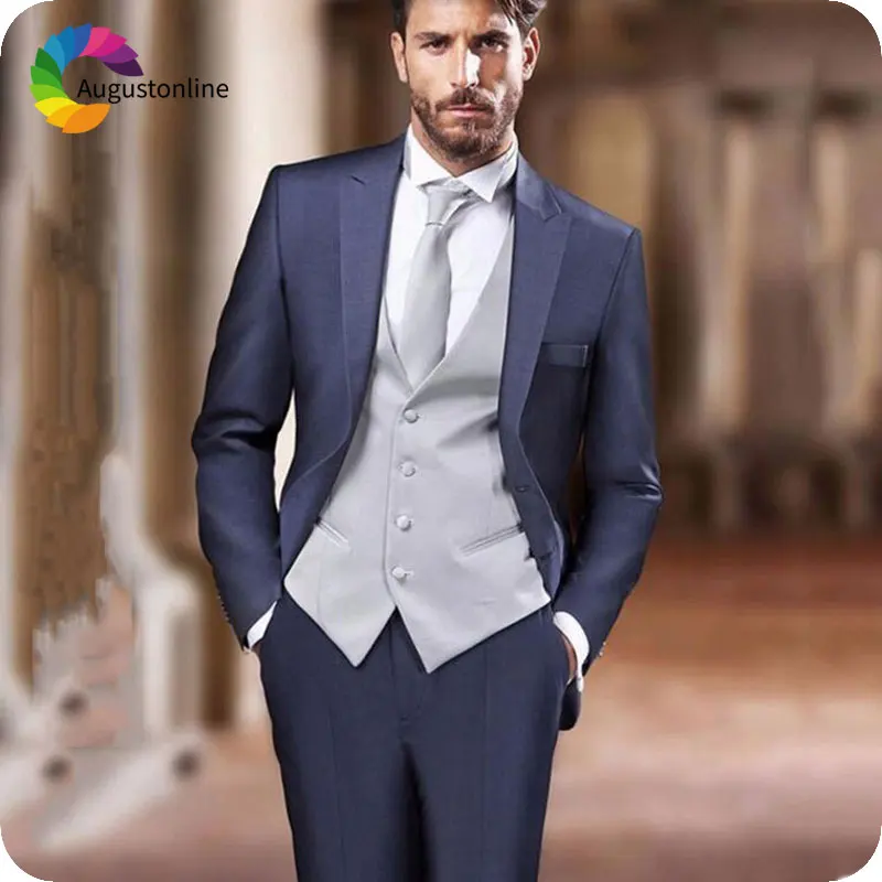 Italian Navy Blue Men Suits Peaked Lapel Grey Vest Slim Fit Groom Wedding Wear Ternos Groomsmen Suit Blazer 3Piece Costume Homme