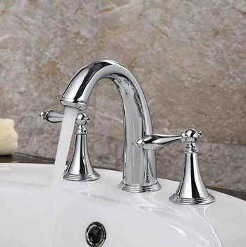 

Free Shipping Polished Chrome Deck Mounted Waterfall 3pcs Basin Faucet Dual Handles Bathroom Basin Mixer Taps BF1017