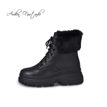

Fashion women's shoes winter 2019 cross tied round toe add wool wedges snow boots leisure genuine leather matin ankle boots 40