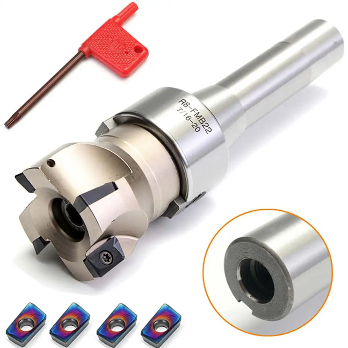 

New R8 FMB22 Straight Shank 400R Face End Mill Cutter with 4pcs Blue-Nano APMT1604 Carbide Insets