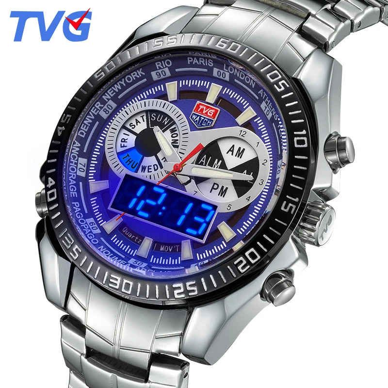 

TVG LED Dual Display Digital Sport Watch Men Stainless Steel Quartz Man Watches Alarm Date Wristwatches Relogio Masculino 468
