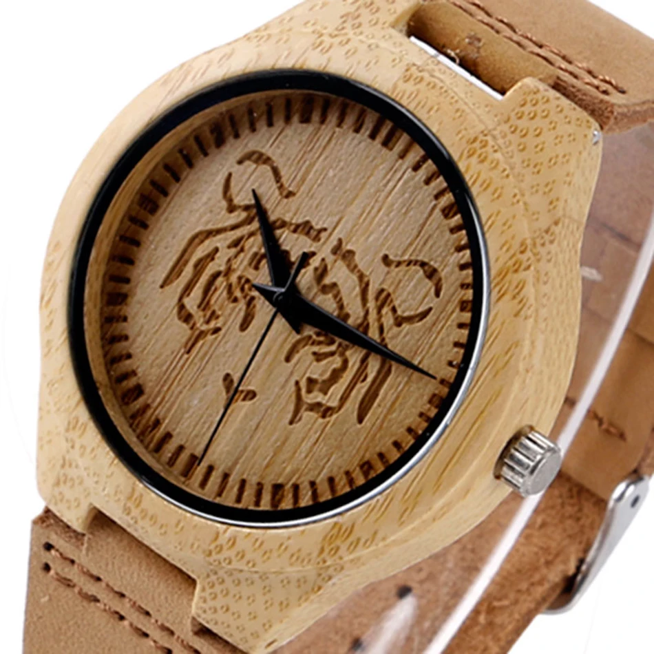 Creative Tiger Wooden Watch Quartz Fashion Men Bamboo Trendy Nature Wood Women Sport Genuine Leather Band Strap Reloj de madera 2