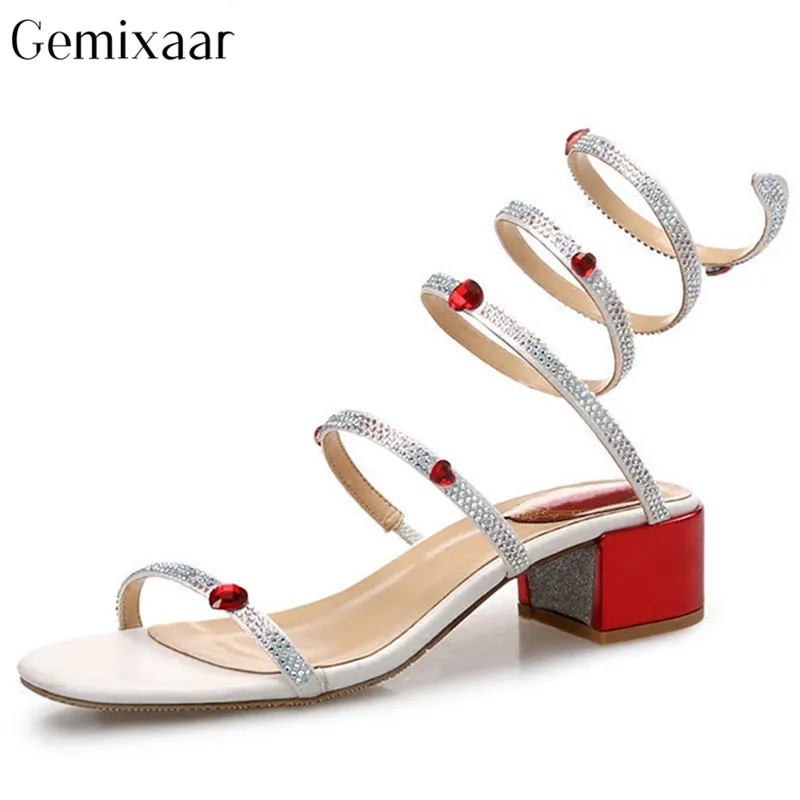 

Unique S-snake Design Narrow Strap Decor Rhinestone Women Shoes Open Toe Sandales Sexy Narrow Band Chunky Square Heel Sandals