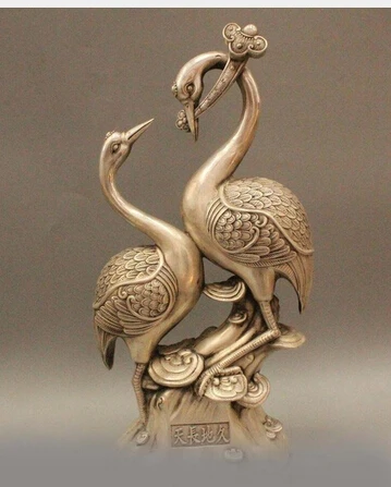 

Copper Brass CHINESE crafts decor ation Asian 17" Chinese Folk Feng Shui Silver Longevity Red -Crowned Crane Hold Statue