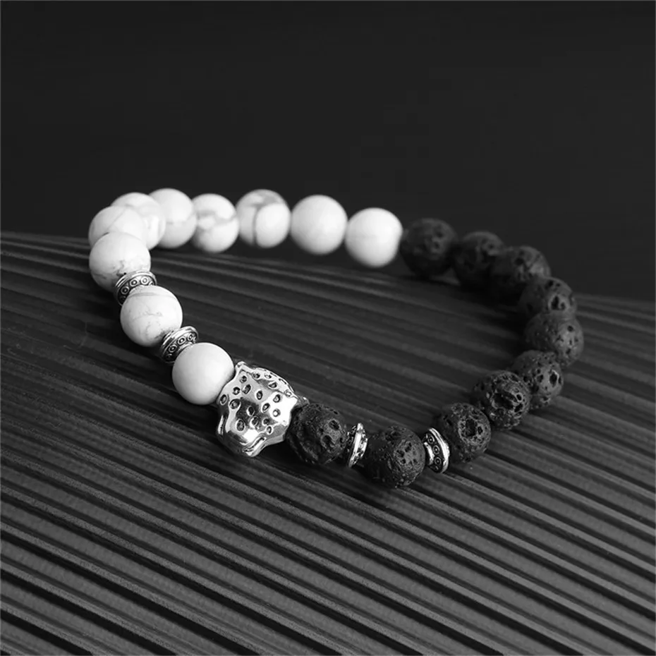Antique Natural Stone Leopard Head Beaded Bracelet Beads Black Gray Lava Rock Stone Men Women Boy Gifts Couple Bracelets (19)