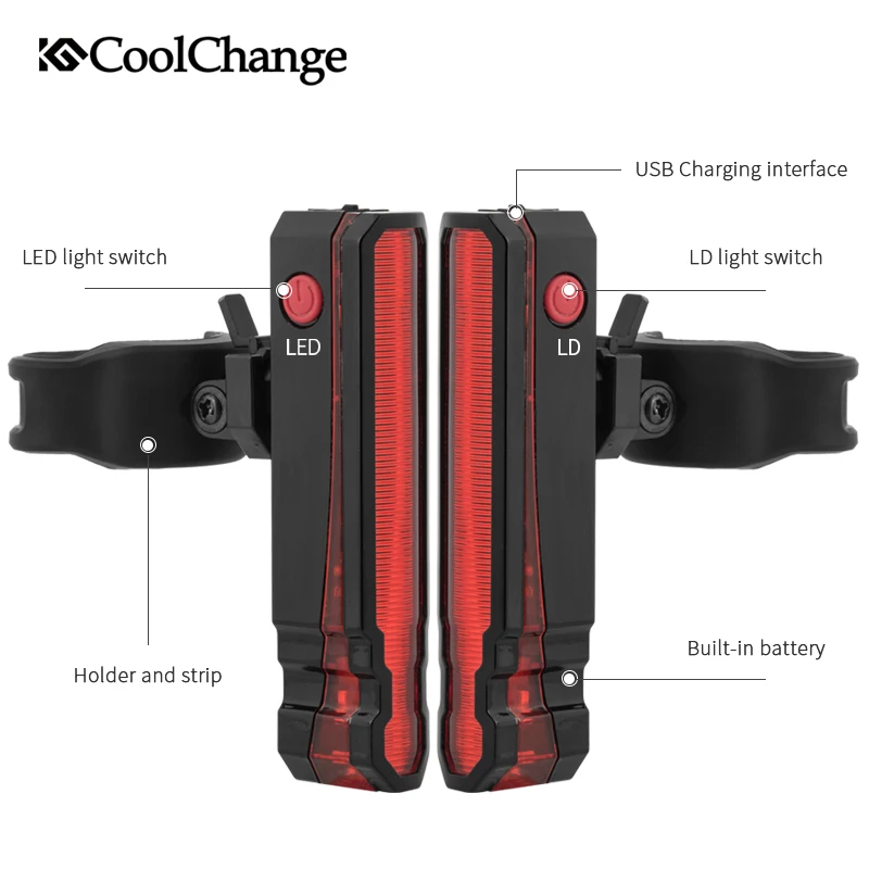 Best CoolChange Bike Light Waterproof LED Taillight Cycling Safety Warning Light USB Rechargable Night Riding MTB Bicycle Rear Light 4