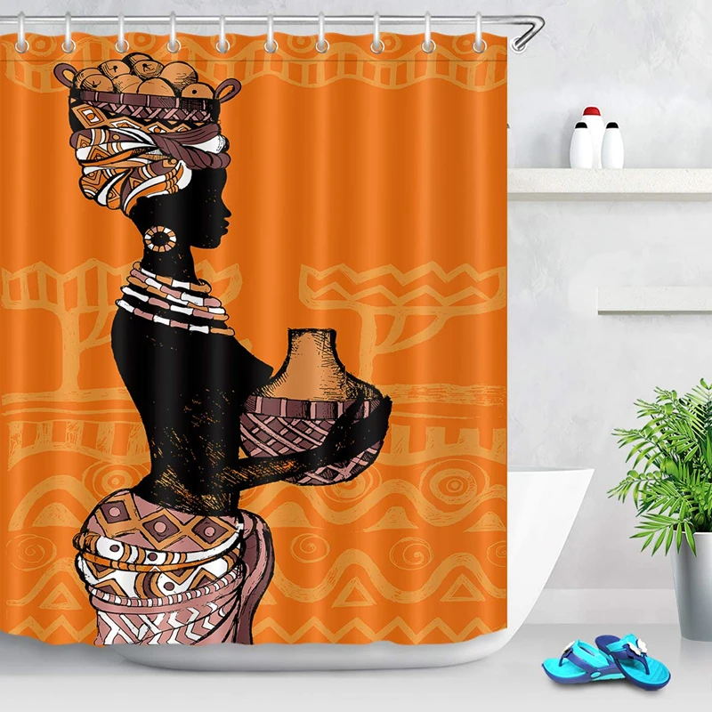 

Sexy African Woman Shower Curtain Afro Art Traditional Black Girl Head Hold Pot Decor Bathroom Curtain Set Waterproof Polyester