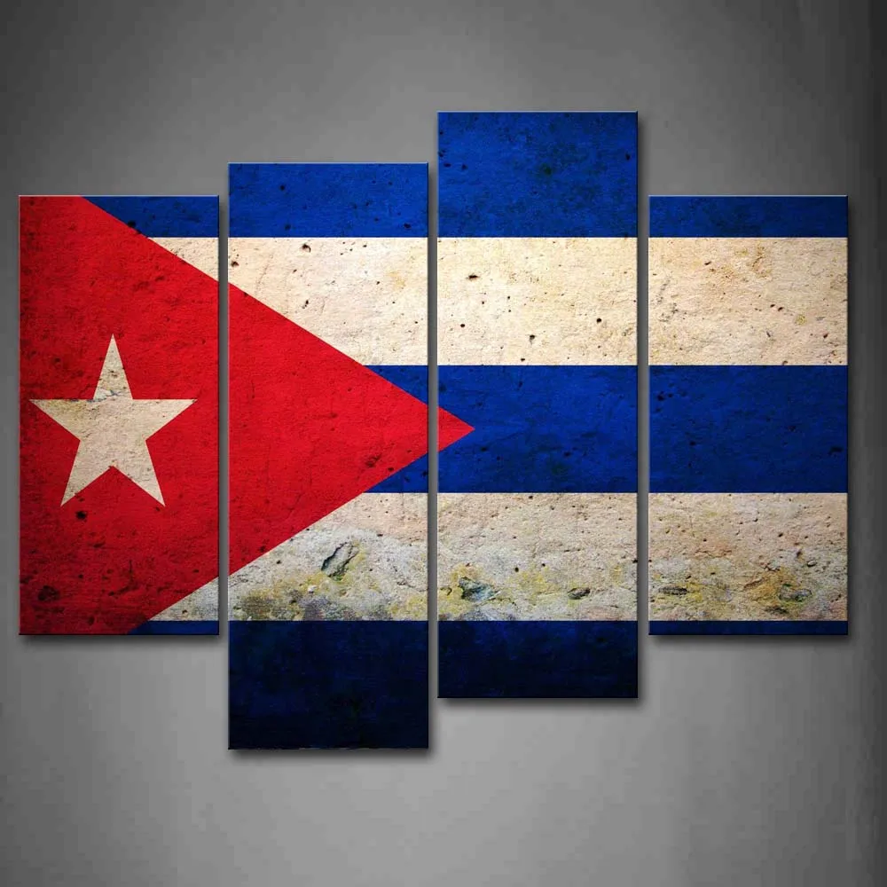 4 Panels Unframed Wall Art Pictures Flag Of Cuba Canvas Print Modern