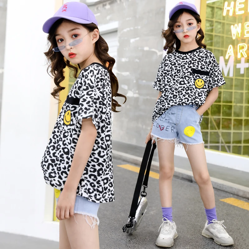 

Summer Clothing New Girl Short Sleeve Suit Cuhk Children Leopard Print T-shirt + Girl Chic Denim Shorts Two-piece Sets Excellen