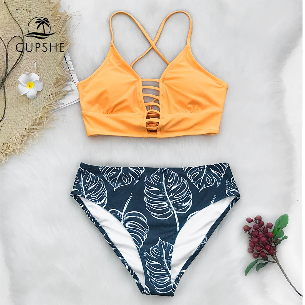 Günstige CUPSHE Gelb Und Blätter Print Lace up Bikin Sets Badeanzüge 2020 Frauen Sexy Zwei Stück Badeanzüge Bademode