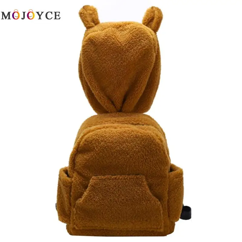 Special Hat Hooded Design Backpacks Solid Faux Fur Warm Cute Women