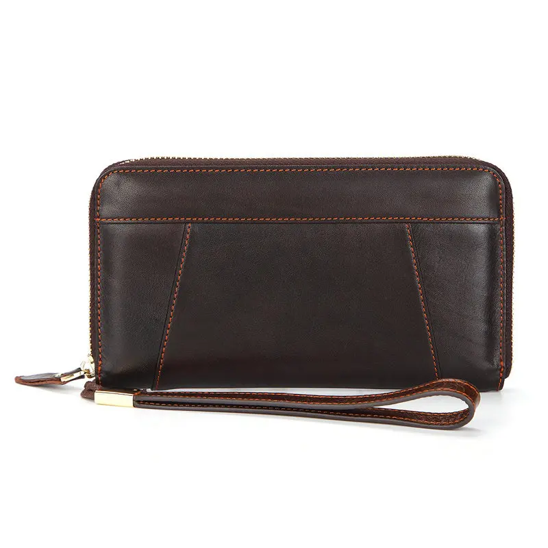 GENODERN мужской кошелек из натуральной кожи на молнии, Длинный кошелек, клатч, держатель для карт, с карманом на молнии - Цвет: Brown Clutch Wallet