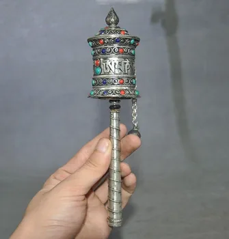 

christmas 8"Old Tibet Tibetan silver Inlay Turquoise Coral Pray Prayer Wheel Turning round halloween