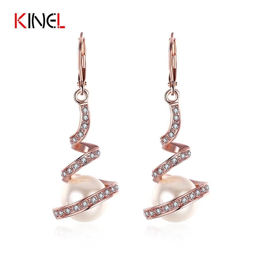 KineL Brand Fashion Rose Gold colour Pearl Drop Earrings For Women Screw Dangle Earring Wedding ...