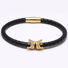 Regalo del amante Real Doble Corona Zircon de la CZ Micro Pavimentada Pulsera de Cuero de Buey de Cuero de Vaca genuino Pulsera de cuero de Vaca Brazalete de la Pulsera