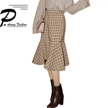 Женская мода осень и зима Ретро толстый хаки плед Русалка на сумку на юбку бедра юбка